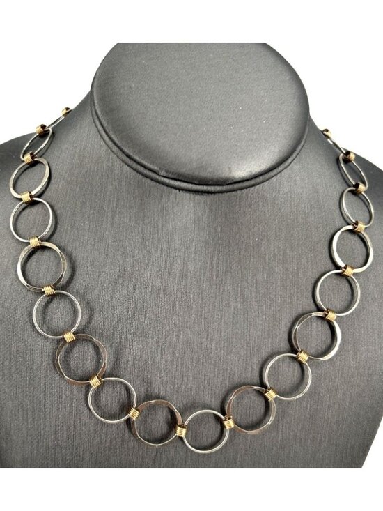 Unbranded Jewelry - Sterling Silver 925 Gold Coil Hammered Circle Link Necklace 16" Vintage 15 Grams